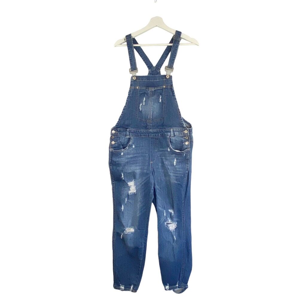 Almost Famous Women Junior Sz 11 Blue Distressed‎ Denim Bib Overalls Grunge Boho